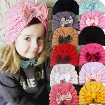 Newborn Toddler Hat Baby Solid Pleuche Bow Knitted Hat Headband Hair Headwear Accessories Baby Cap Turban Bebe Fille