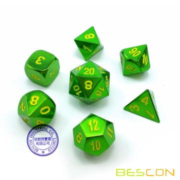 Bescon Heavy Duty Solid Metal Dice Set Glossy Green, Solid Metallic Polyhedral D&D RPG 7-Dice Set