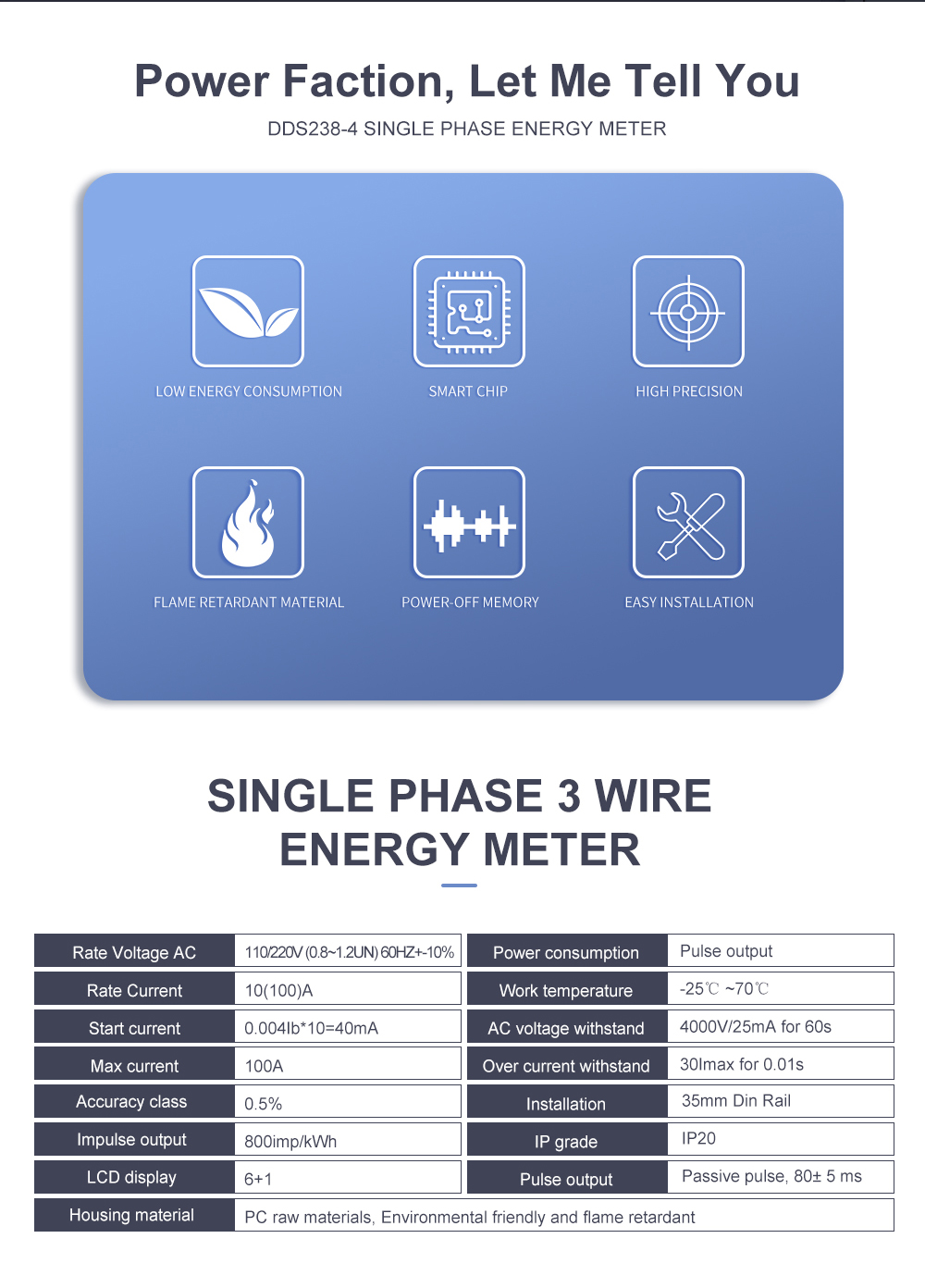 10(100)A 110V/220V 60HZ Single phase three wire Din rail KWH Watt hour din-rail energy meter LCD for America