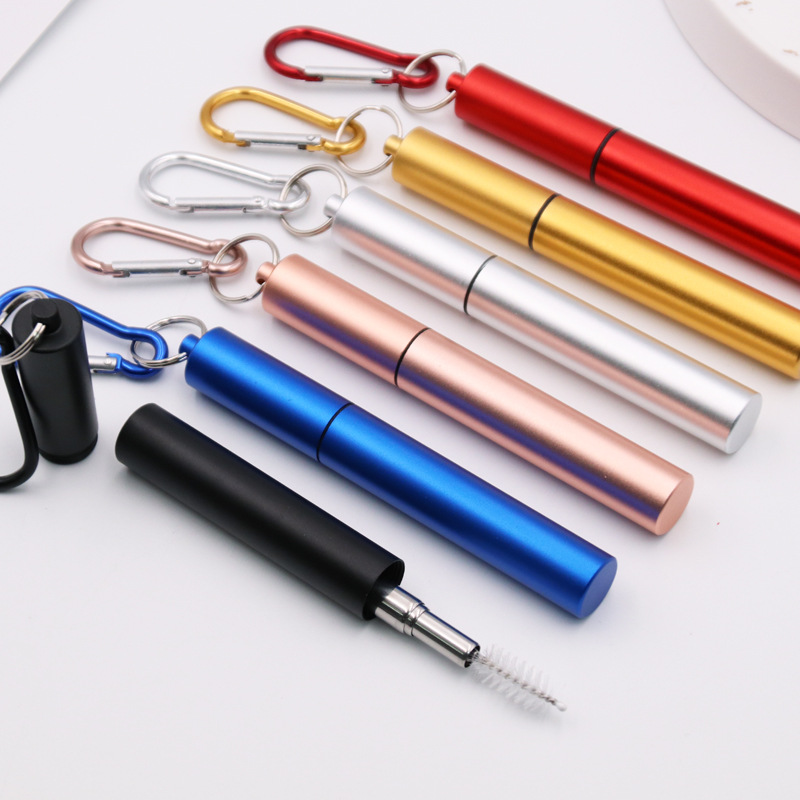 Custom 20pc Reusable Gold Metal Straw Portable Collapsible Telescopic Stainless Steel Drinking Straw Clean Brush Color Tube Camp