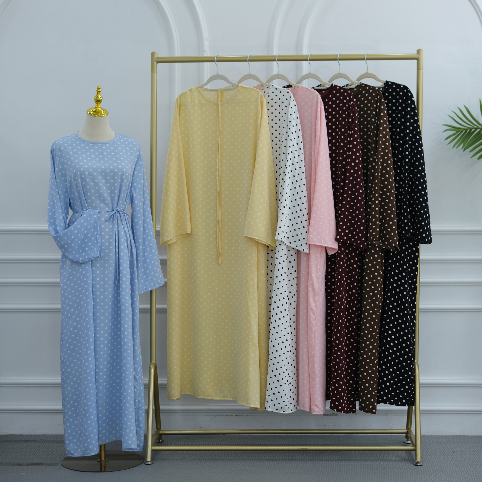 Polka Dot Abaya Dress with Matching Waist Belt and Flare Sleeves
