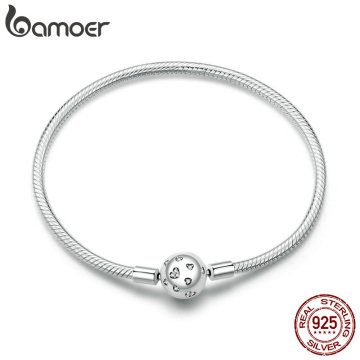 BAMOER Authentic 100% 925 Sterling Simple Heart Original Bracelet Bangle for Women Luxury Jewelry bracelet 17-19CM SCB188