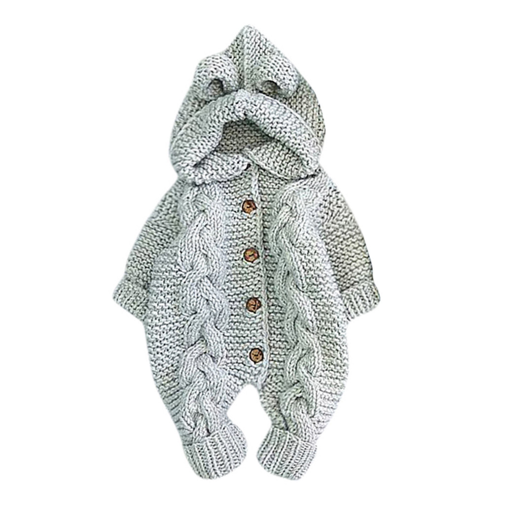 Newborn Infant Baby Girl Boy Winter Warm Coat Knit Outwear Hooded Jumpsuit Fashion Solid Long Sleeve Knit Cute Kids Baby Clothes