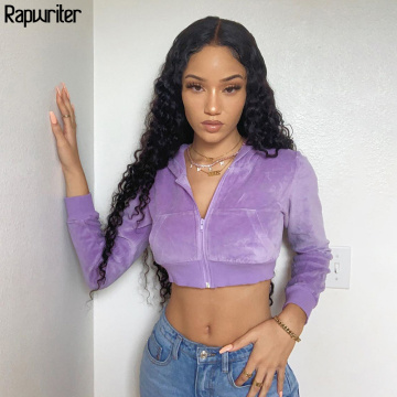 2020 Streetwear Solid Hoodie Sweatshirt Crop Top Women Slim Purple Zip-Up Long Sleeve Sudaderas Cropped Hoodies Autumn Winter