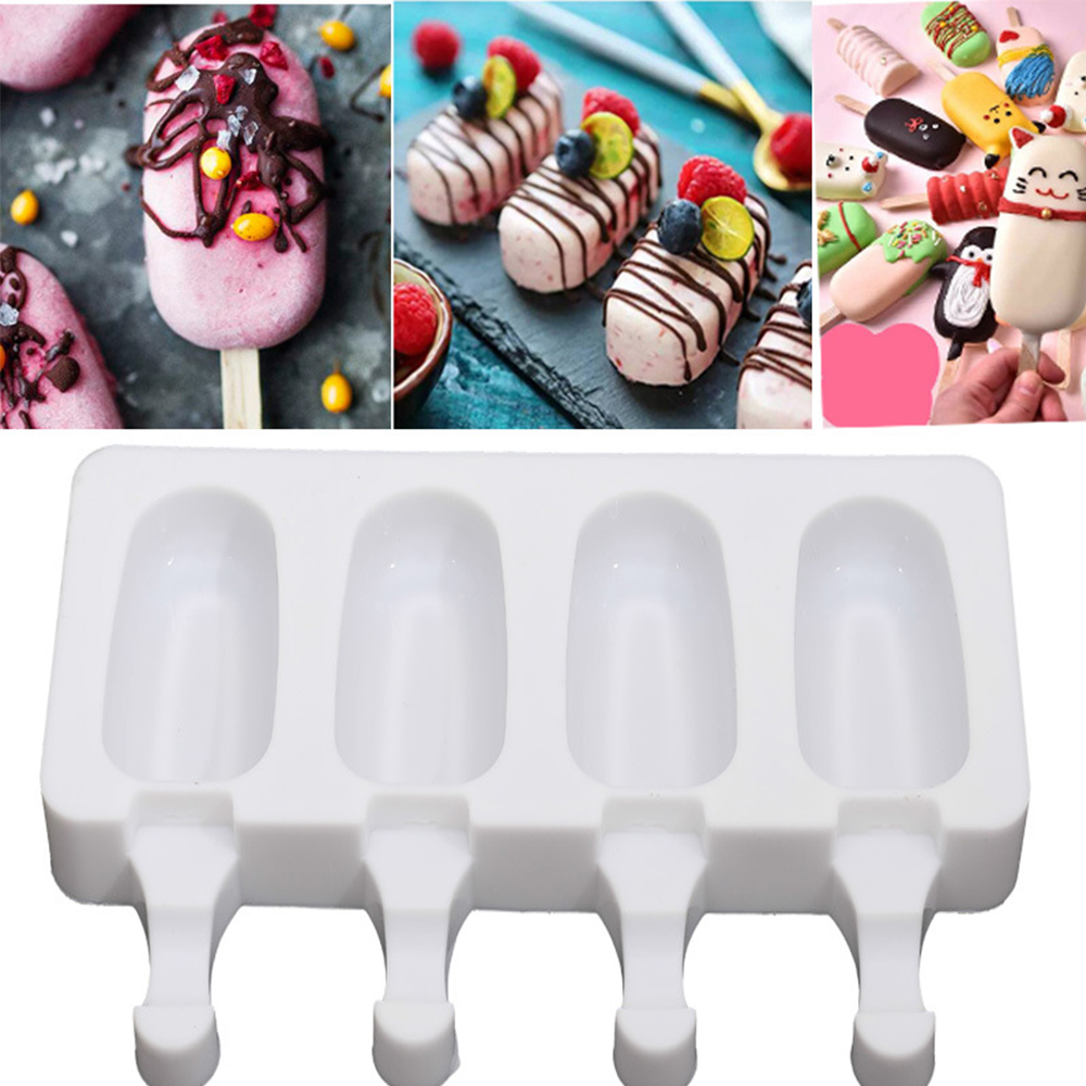 4 Grid Ellipse Ice Cream Mode Household Do Ice Cubes Ice Sucker Sorbet Popsicle Ice Cream Silicone Mould with Popsicle Sticks