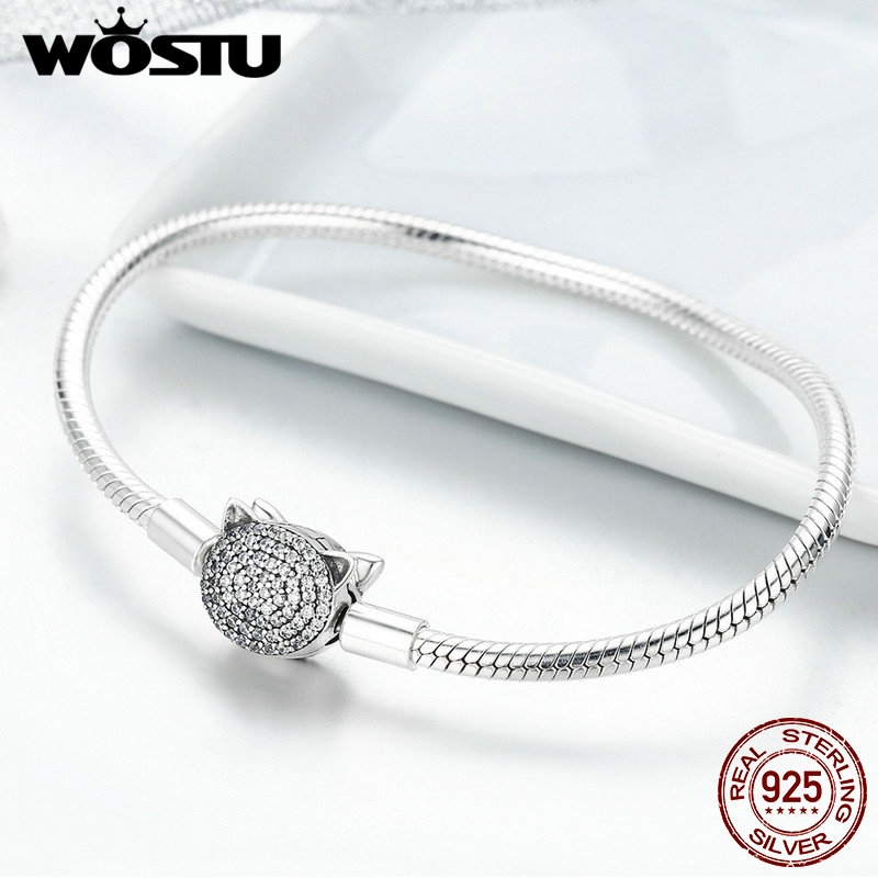 WOSTU Authentic 100% 925 Sterling Silver Cute Cat Glittering CZ Snake Strand Chain Bracelets Bangle for Women Silver Jewelry