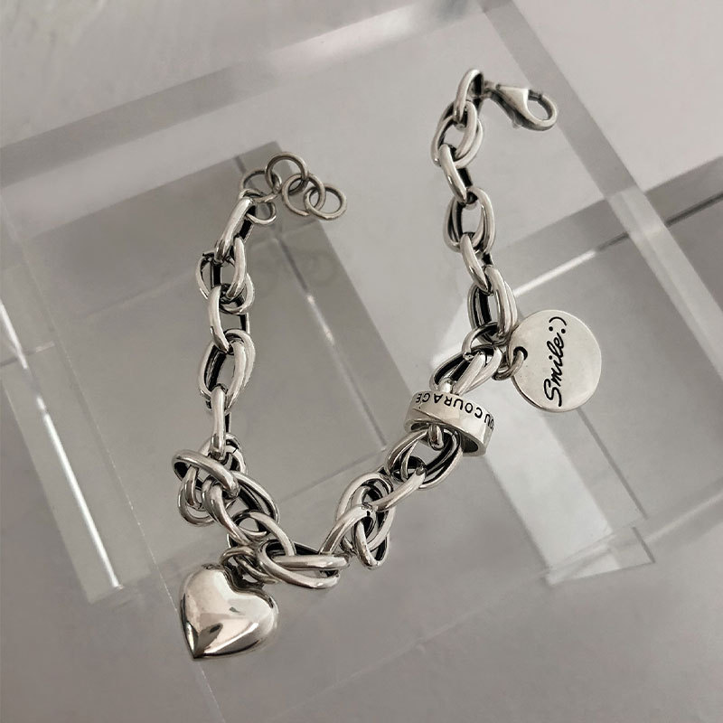 ANENJERY 925 Sterling Silver Letter Heart Bracelet Bangles for Women Men Geometric Open Cuff Bangles Jewelry Gifts S-B485