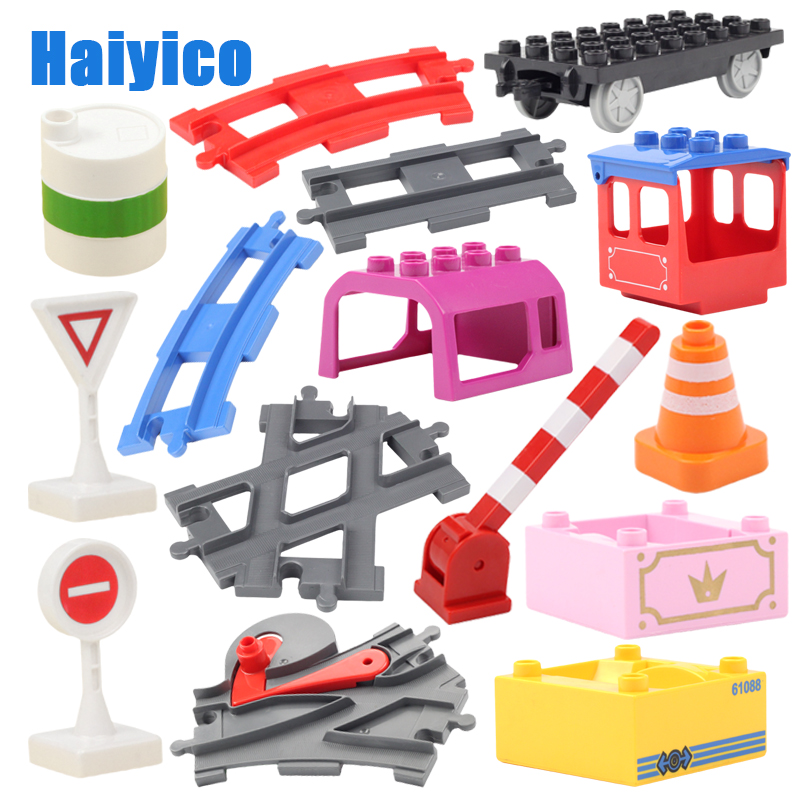 Big Building Blocks Accessories Compatible Duplos Train Track Set Traffic Signs Trailer Carriages Railway Rails Children Toys