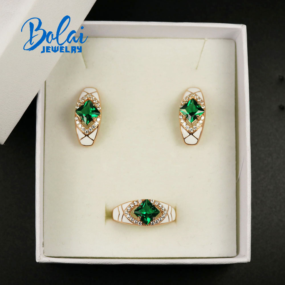 Bolaijewelry, Jewelry Set Created russia emerald nano sq6.0mm earring ring 925 sterling silver fine jewelry for women best gift
