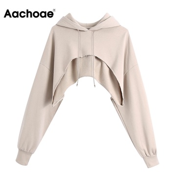 Aachoae Fashion Solid Women Crop Hoodies Sweatshirts Streetwear Batwing Long Sleeve Hooded Pullovers Irregular Hem Chic Tops