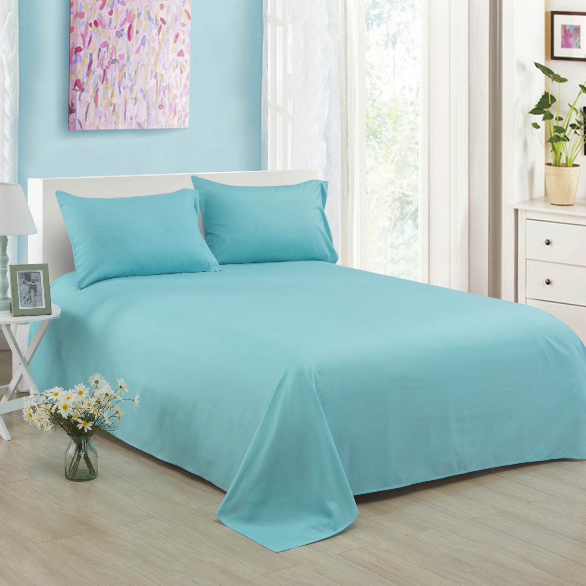 ropa de cama Solid color polyester cotton bed sheet hotel home soft brushed flat sheet queen bed cover not included pillowcase