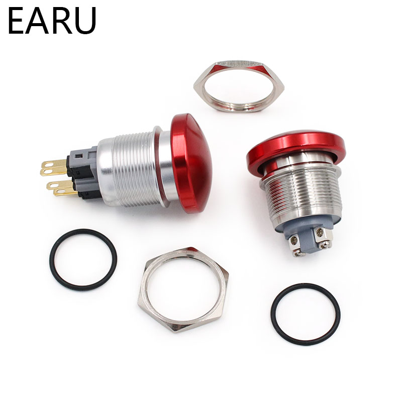 22mm Metal Aluminum Switch Push Button Mushroom Emergency Stop Push Button IP67 Waterproof Switch Momentary Latching 1NO 1NC