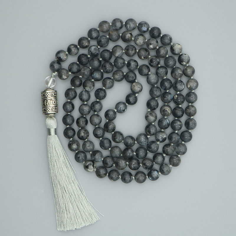 EDOTHALIA 8MM Black Labradorite Bead Mala Necklace, With Six Ture Mantra Words Pendant Necklace