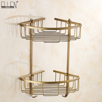 Bathroom Corner Shelves Dual Tier With Towel Rack Square Bath Shampoo Holder Antique Bronze Bathroom Storage Copper Shelf EL0002