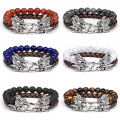 8MM Gemstone Round Beads with Silver Plated Dragon Head Leather Bracelet