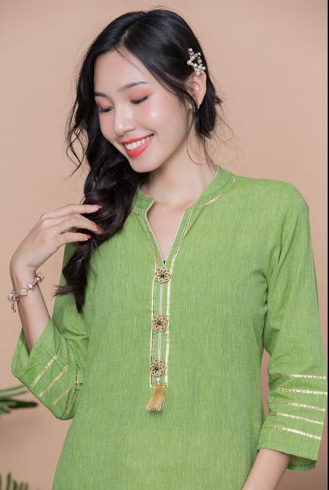 Woman Fashion Ethnic Styles Sets Kurtas Print Cotton India Dress Lady Long Green Top And Pants