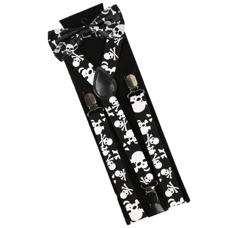Winfox Vintage Black White 2.5cm Wide Skull Suspenders Bowtie Brace Women Men