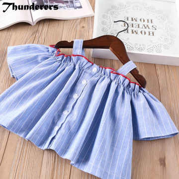 Girls blouse shirt summer off shoulder striped linen tops blue/ white slash shirts outfit with button for baby girl