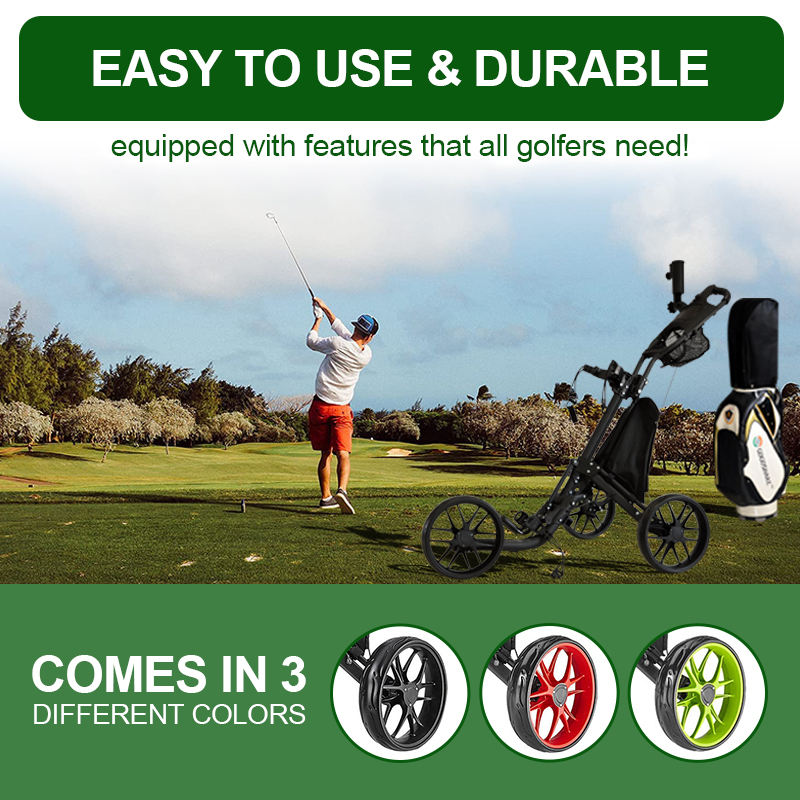 Newly Popular Lightweight Aluminum Alloy 3-Wheel Golf Push Trolley Folding Design Multi-color Elastic Strap Umbrella Cup Holder4