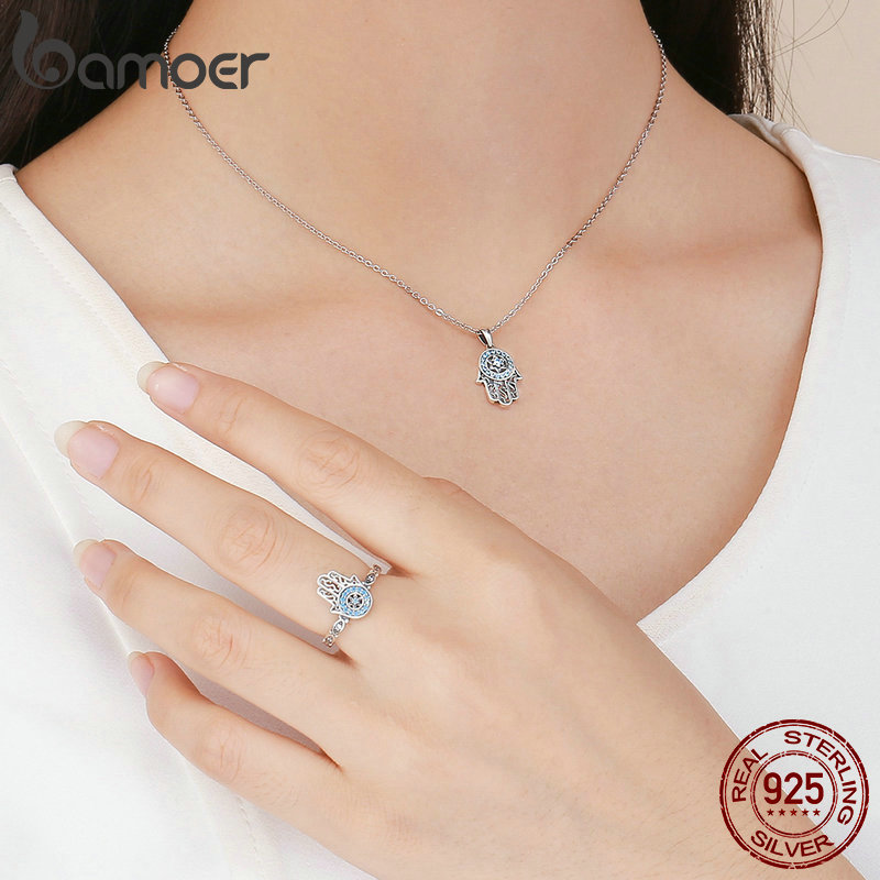 BAMOER Classic 100% 925 Sterling Silver Fatima Hamsa Hand Lucky Necklace Women Rings Jewelry Sets Sterling Silver Jewelry ZHS091