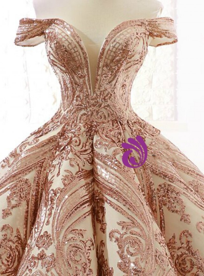 vestidos de 15 años Quinceanera Dresses with Rose Gold Sequin Applique Sweet 16 Dress Off the Shoulder Pageant Gowns