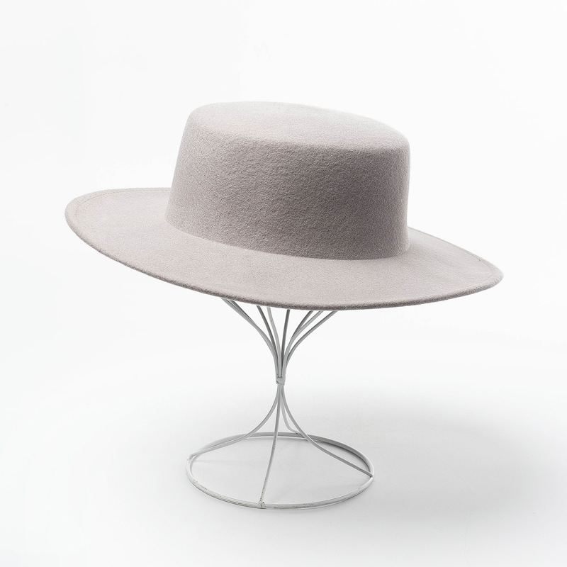 High Quality Round Flat Top Boater Wool Fedora Hats for Women Ladies Wide Brim Solid Color Party Formal Hat Felt Gambler Cap