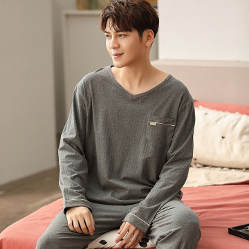 Pure Cotton Men's Pajama Spring And Autumn Thin Loose Full Sleeve Korean Style Solid Color Sleepwear V-Neck Homewear Casual Wear