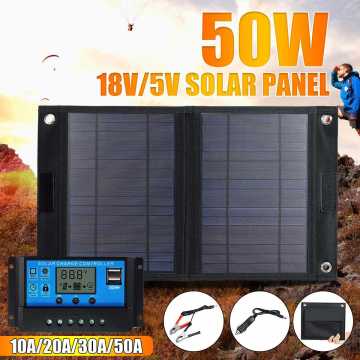 Outdoor Portable 50W 18V Folding Solar Cells Charger Foldable Solar Panel + 10/20/30/50A Solar Charger Controller for Auto Car