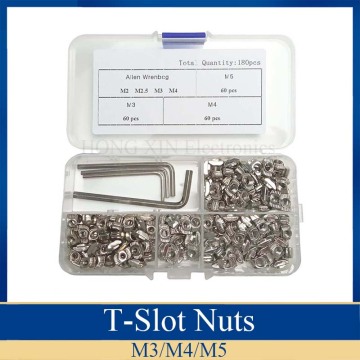 180pcs/set M3/M4/M5 Nickeling Carbon Steel T Hammer Nuts Assortment Kits Connector T Fastener Sliding Nut