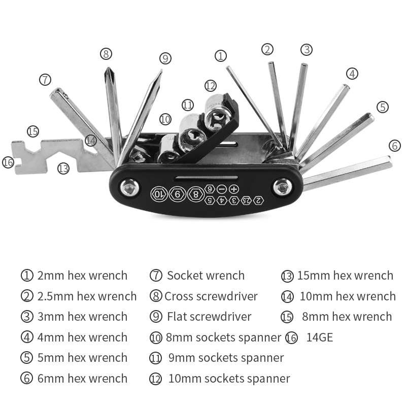 16 in 1 Multifunction Bicycle Repair Tools Kit Hex Spoke Cycling Screwdriver Tool MTB Mountain Cycling Bike Repair Tool CT-101