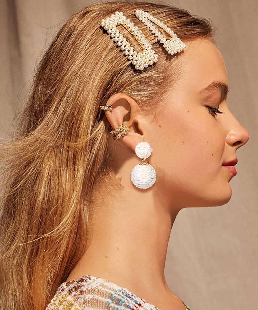 Raffia Earring Stud Boho Handmade Straw Rattan Drop Geometric Lantern Dangle Earrings for Women Girls Summer Beach Jewelry