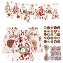 24PCS Countdown Christmas Advent Calendar Bags Durable Reusable Linen Pocket Advent Calendar Bags Christmas Tree Ornaments