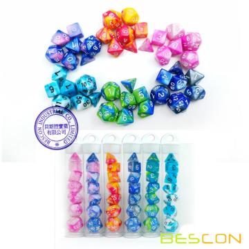 Bescon Mini Gemini Two Tone Polyhedral RPG Dice Set 10MM, Mini RPG Dice Set D4-D20 in Tube Packaging, Assorted Colored of 42pcs