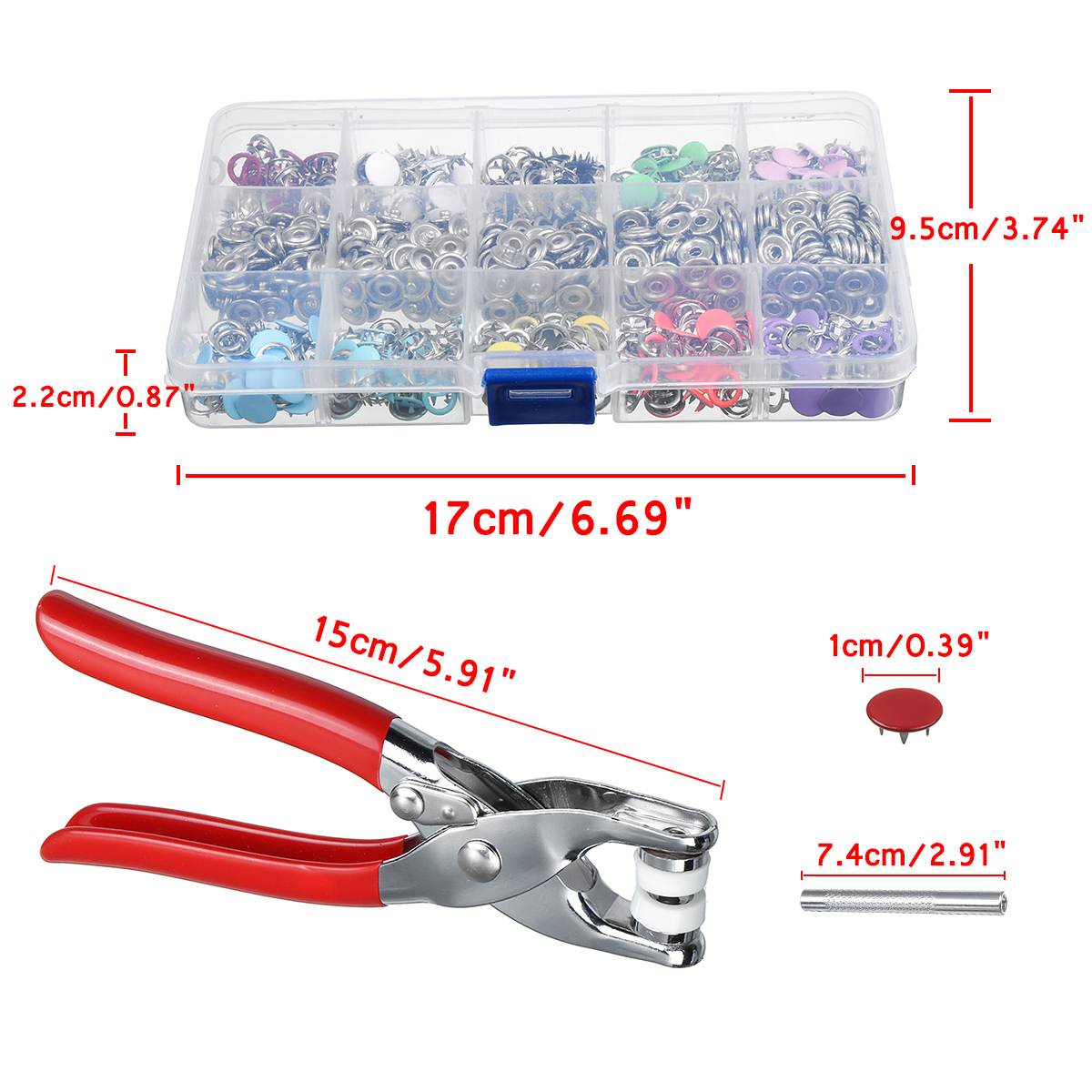 200Sets 9.5mm 10 Colors Prong Ring Press Studs Snap Fasteners Dummy Clip Kit Pliers Buttons DIY Apparel Sewing Fabric Punch