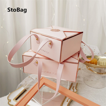 StoBag 5pcs Bronzing Protable Paper Box Leather Portable Rope Chocolate Candy Packaging Birthday Party New Year Gift Decoration