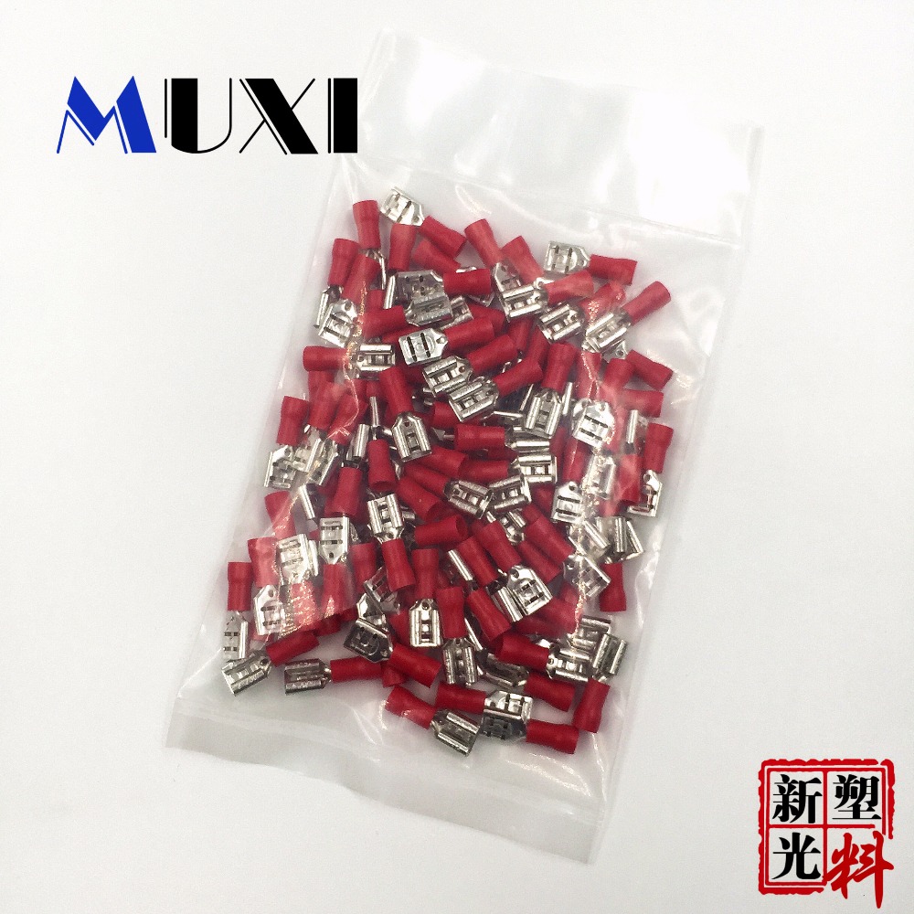 FDD2-250 Female Insulated Electrical Crimp Terminal for 1.5-2.5mm2 Connectors Cable Wire Connector 100PCS/Pack Red