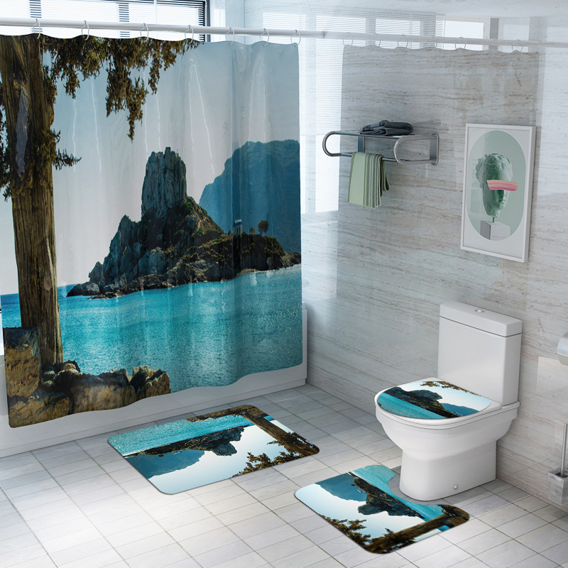 Zeegle Bathroom Doormat Floor Rug Shower Curtain with 3D Printed Toilet Rug Set Anti-slip Shower Mat Water Absorption Foot Mat