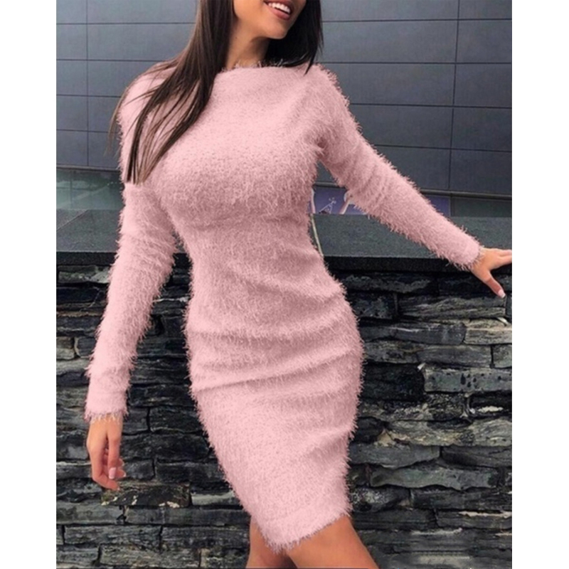 Bodycon Plush Dress 2020 Winter Autumn Women Sexy Elegant Solid Color Party Night Dresses Long Sleeve Warm Fashion Casual Dress