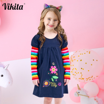 VIKITA Girl Dresses Baby Girls Dress Butterfly Rainbow Children Long Sleeve Clothes Girls Patchowrk Infant Vestidos 2-8Y LH5805
