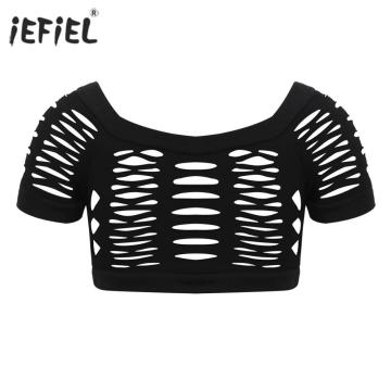 Fashion Girls Crop Tops Summer Hollow Out Girl T shirt Performance Workout Dancewear Short Sleeves Tank Tops Kids Clothes