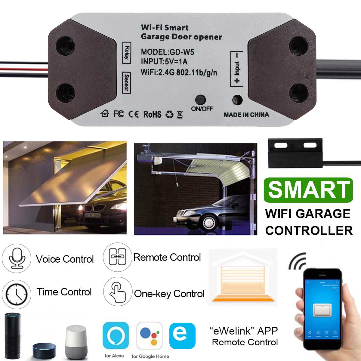 WiFi Smart Garage Door Opener Switch APP Remote Controll Door Garage Open Close Monitor for Google Home for Alexa for Echo