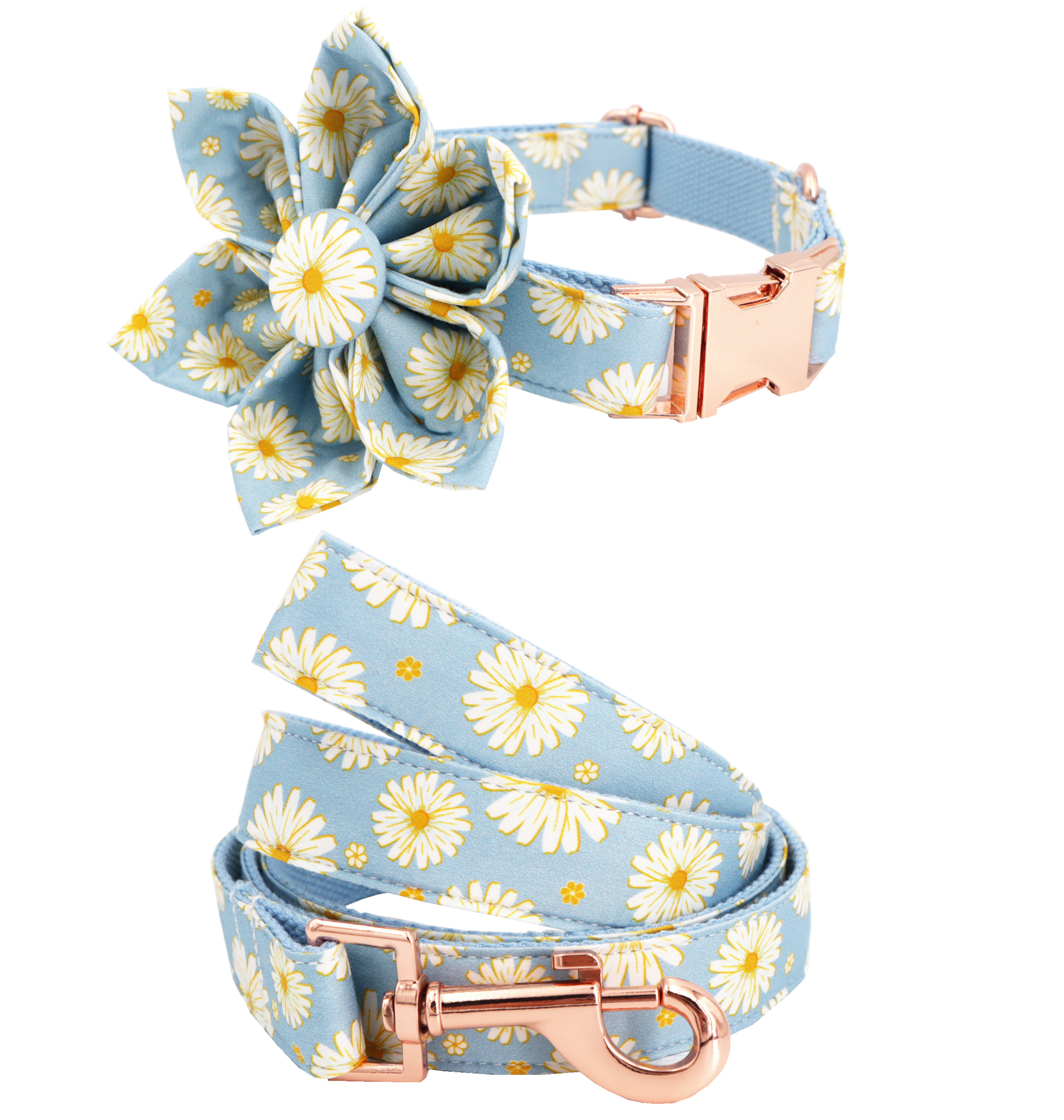 Blue Daisy dog collar dog flower and leash set for pet dog cat with rose gold metal buckle