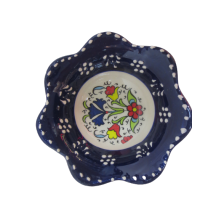 Hand Made Tile Patterned Daisy Shaped Kaolin Clay Quartz Limestone Bowl 8cm Navy Blue Colored Old Turkish Pattern Healty Gift