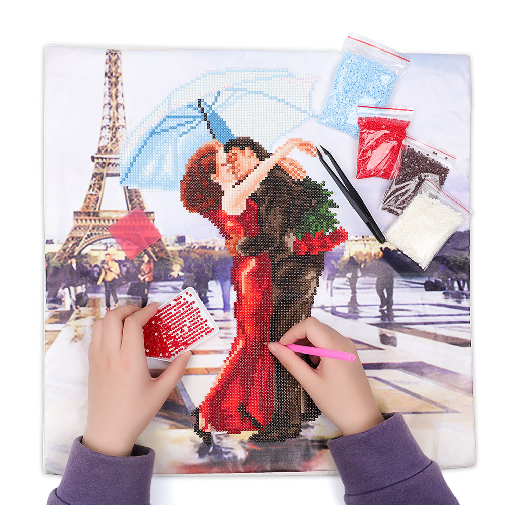 Partial Drill Eiffel Tower Lover Kiss Diamond Painting Art Mosaic Cross Stitch Landscape Cushion Cover Pillow Case Decor Gift