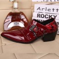 Red Patent Leather Man Dress Shoes Fashion Slip On Oxfords For Men Genuine Leather Punk Buckle Chain Formal Party Wedding Shoes