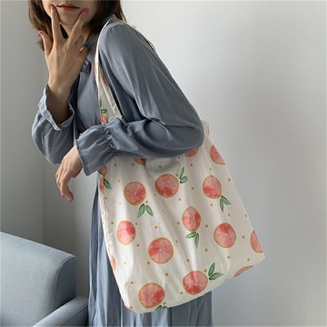 B02222 Fresh Peach Pattern Women Girls Shoulder Bag Cute Dog Printed Cotton Cloth Tote Handbags