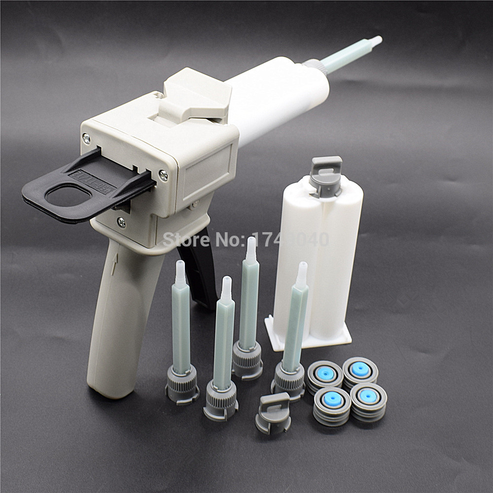 50ml AB Glue Gun Manual Caulking Gun Glue Adhensive Dispenser with 5pc AB Mixed Tube 2pcs 50ml 1:1 Empty Dual-Barrel Cartridge