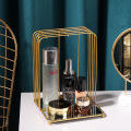 Nordic Luxury Metal Bird Cage Shaped Multilayer Glass Mirror Storage Shelve Room Bedroom Tabletop Cosmetic Receives Rack