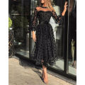 New Elegant Women Long Sleeves Polka Dot Print Mesh Sheer Party Evening Club Dress Lady Autumn Fashion Black Long Dress