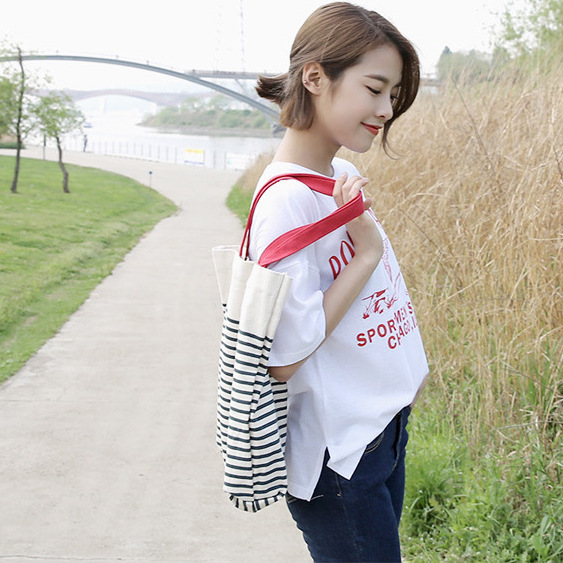 YILE Cotton Canvas Shopping Tote Shoulder Carrying Bag Eco Reusable Bag Zippered Small Stripe E168